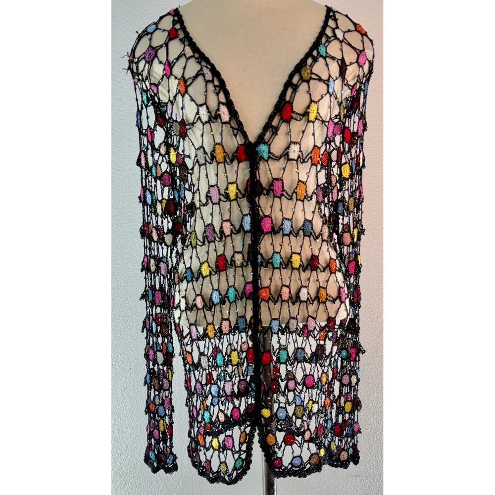 Vintage Y2K 90s Colorful Beaded Crochet Cardigan Mesh Multicolor Festival Boho